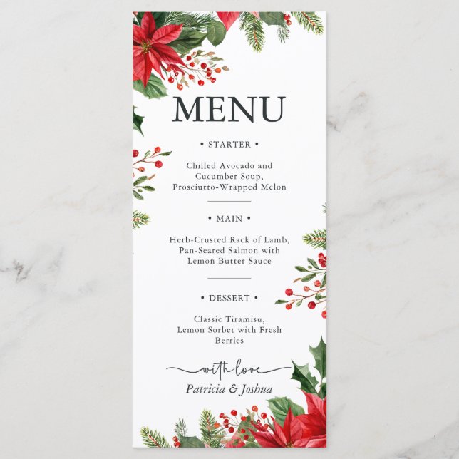 Elegant Poinsettia Christmas Wedding Menu Card (Anverso)