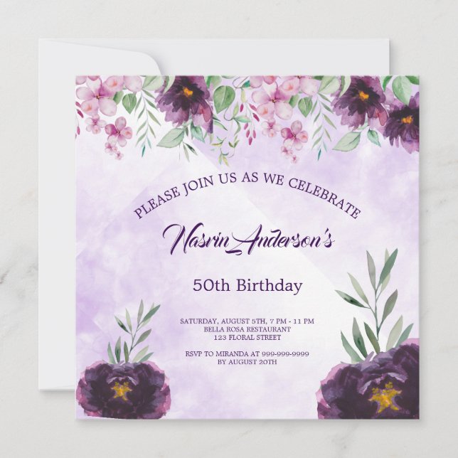 Elegant Purple Floral Birthday Invitation (Anverso)