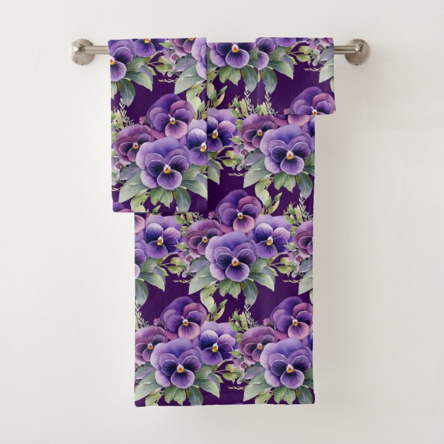 Elegant Purple Pansy Pansies Floral Towel Set (In situ)