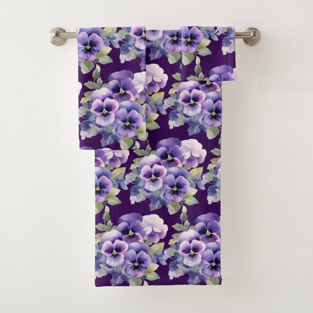 Elegant Purple Pansy Pansies Floral Towel Set (In situ)