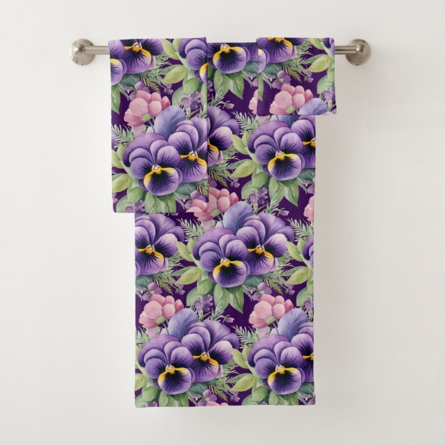 Elegant Purple Pansy Pansies Floral Towel Set (In situ)