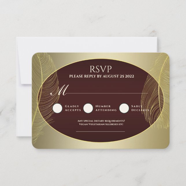 Elegant Red Gold Oval Feather RSVP Card (Anverso)