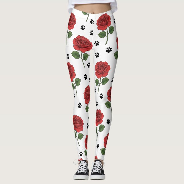 Elegant Red Rose & Playful Paw Print Leggings (Anverso)