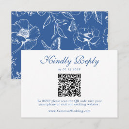 Elegant Royal Blue Floral QR Code Wedding RSVP 