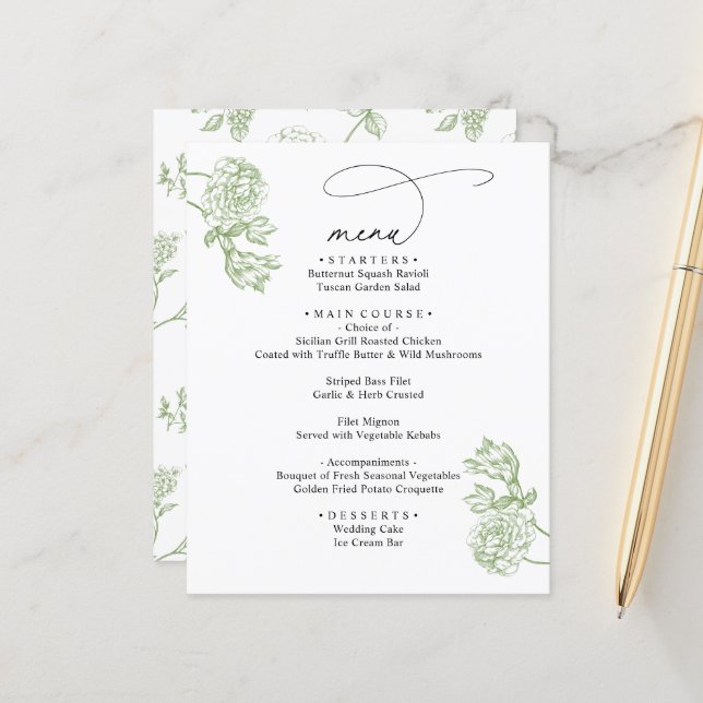 Elegant Sage Floral Modern Script Wedding Menu (Anverso/Reverso In Situ)