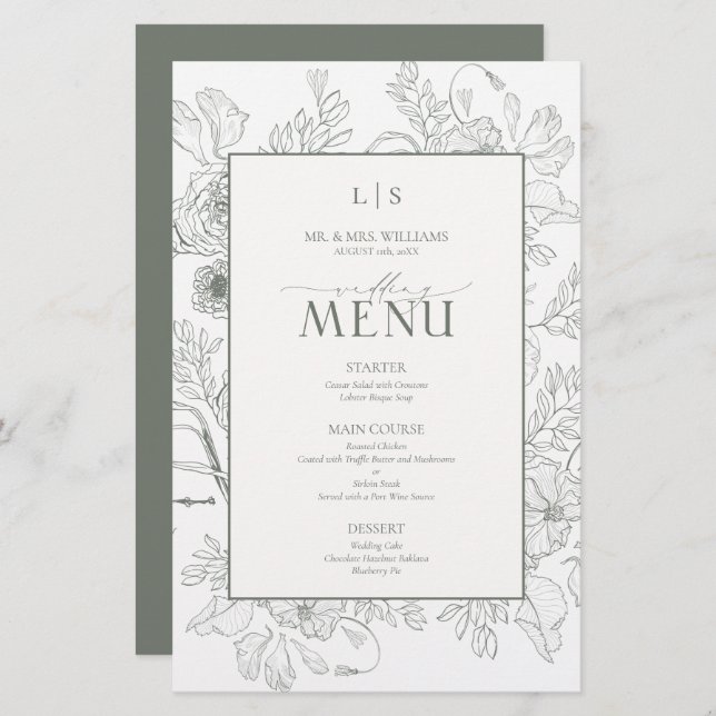 Elegant Sage Green Calligraphy Monogram Menu Card (Anverso / Reverso)
