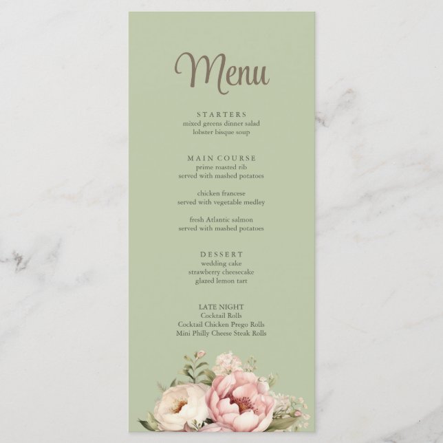 Elegant Sage Green Peony Floral Wedding Menu (Anverso)