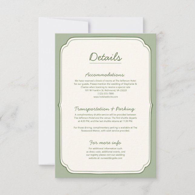 Elegant Sage Green Wedding Details Card  (Anverso)