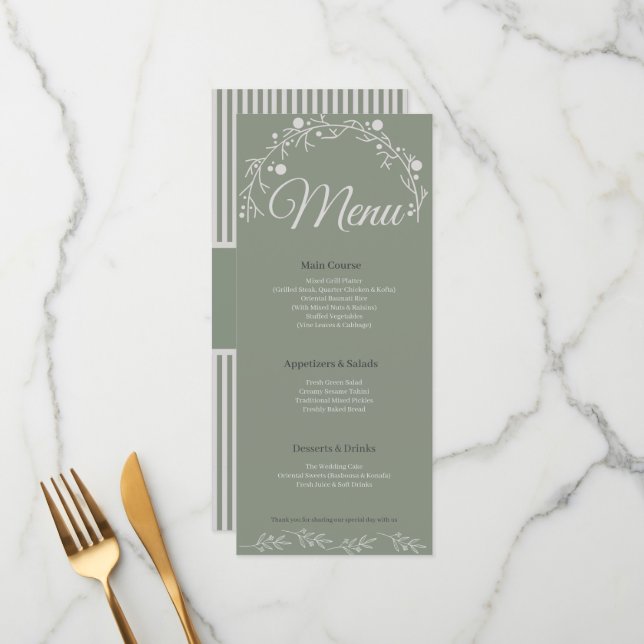 Elegant Sage Green Wedding Menu Card (Anverso/Reverso In Situ)