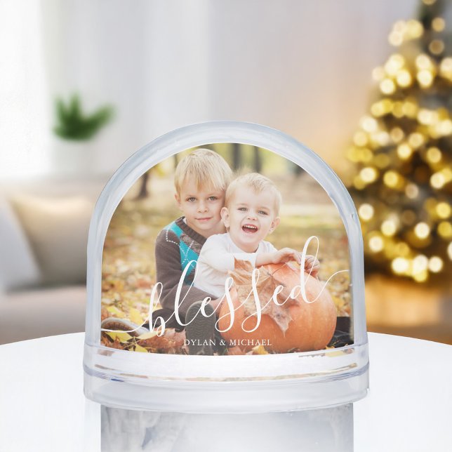 Elegant Script "Blessed" Photo Snow Globe (Subido por el creador)