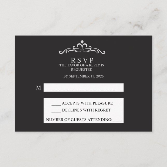 Elegant Silver and Black Horizontal Wedding RSVP  (Anverso)
