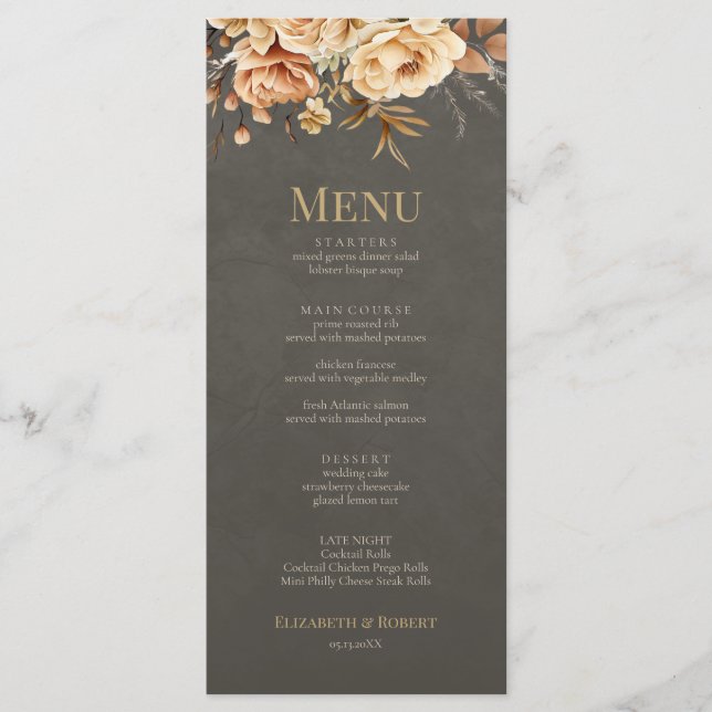 Elegant Taupe Floral Wedding Menu (Anverso)