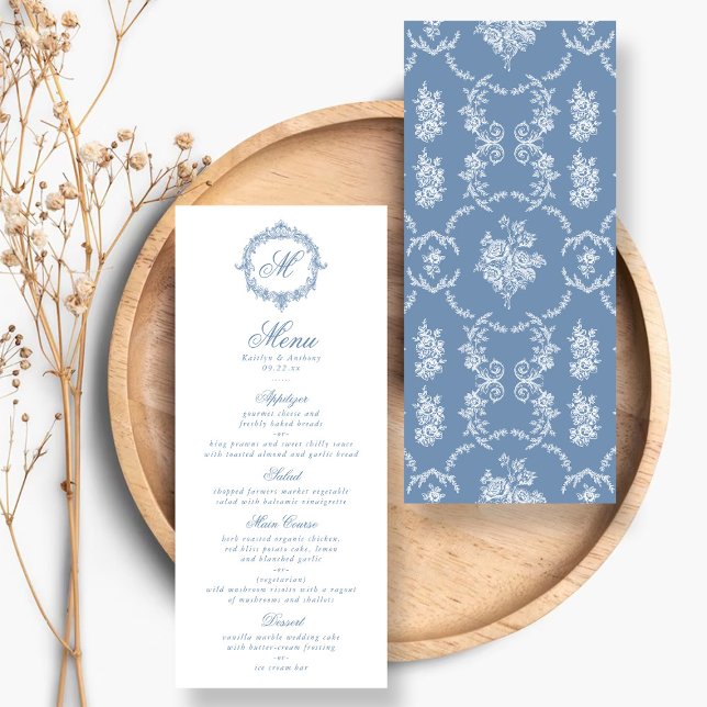 Elegant Vintage Blue Toile Monogram Wedding Menus (Subido por el creador)