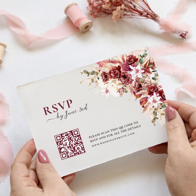 Elegant Watercolor Burgundy QR Code Wedding RSVP (Subido por el creador)