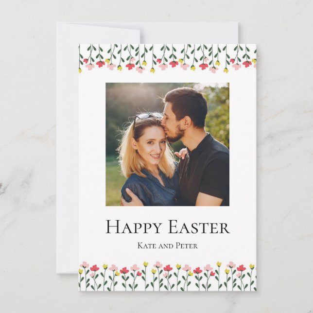 Elegant Watercolor Floral Photo Happy Easter Card (Anverso)