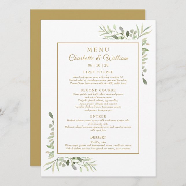 Elegant Watercolor Greenery Gold Dinner Menu (Anverso / Reverso)