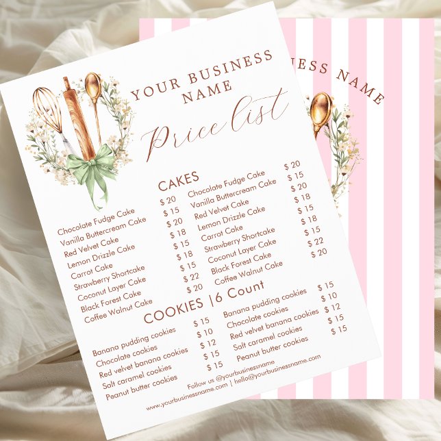 Elegant Watercolor Utensils Cooking Bakery Flyer (Pink stripe and Utensils cooking bakery Price List)