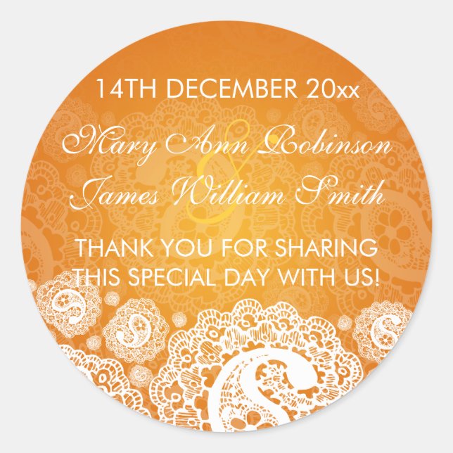Elegant Wedding Favor Etiqueta Paisley Lace Naranj (Anverso)