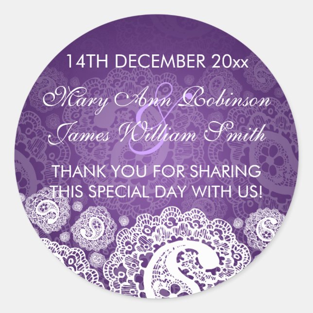Elegant Wedding Favor Etiqueta Paisley Lace Púrpur (Anverso)