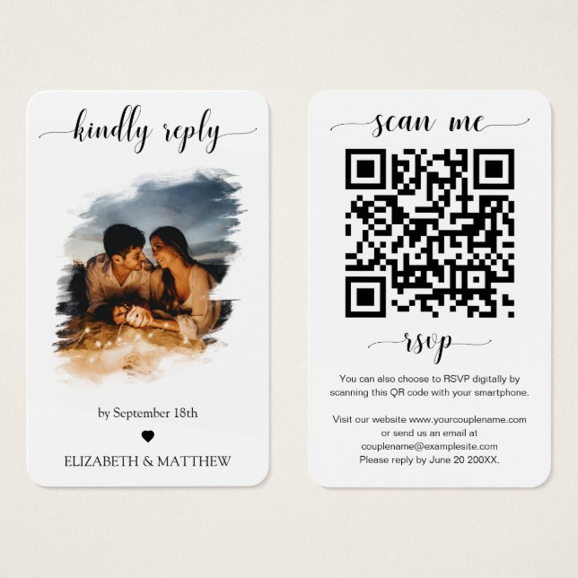 Elegant Wedding Website QR Code Photo RSVP Card (Anverso y reverso)