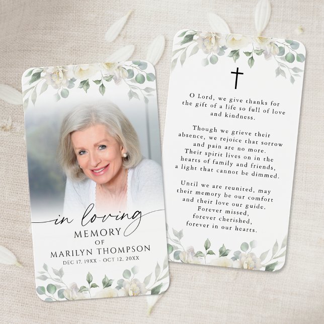 Elegant White Floral Cross Photo Prayer Card (Subido por el creador)