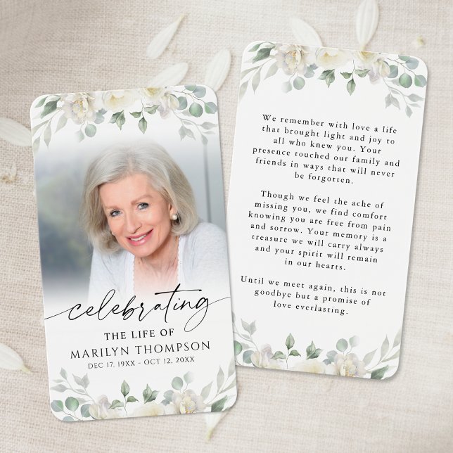 Elegant White Floral Photo Memorial Prayer Card (Subido por el creador)