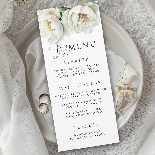 Elegant White Peony Floral Wedding Menu (Subido por el creador)