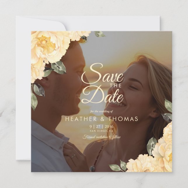 Elegant Yellow Floral Photo Save The Date  (Anverso)