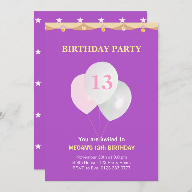 Elegante 13.ª invitación a la fiesta de cumpleaños (Anverso / Reverso)