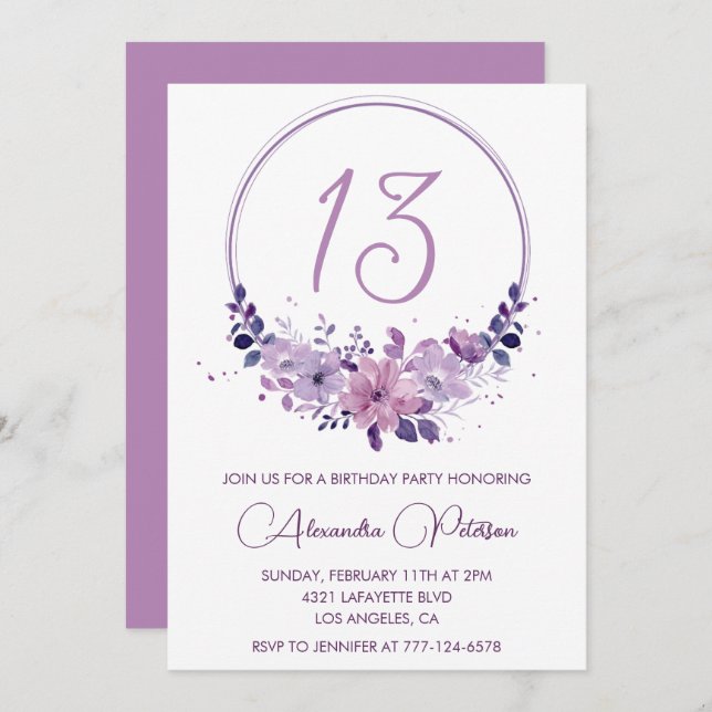 Elegante 13 años invitaciones Floral Purple (Anverso / Reverso)