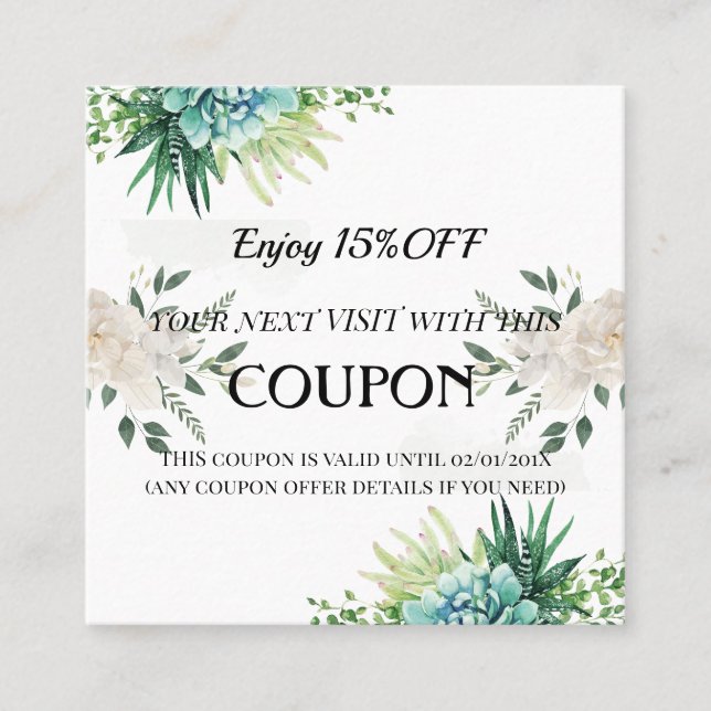 Elegante 15% De Tarjeta De Cupón Floral Suculenta (Anverso)