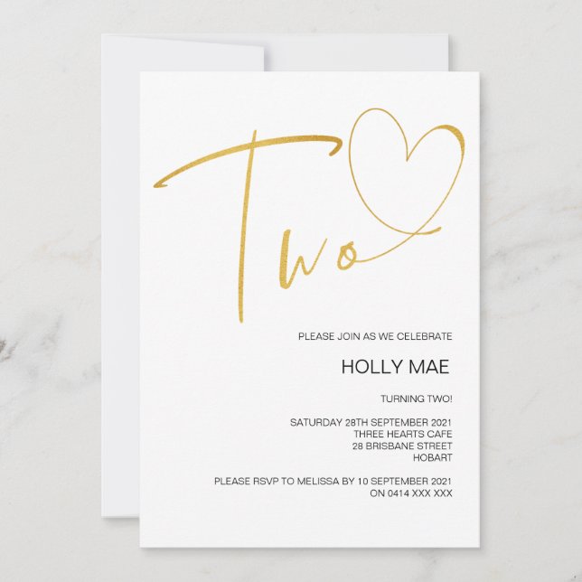 Elegante 2º cumpleaños invitación dos corazones de (Anverso)