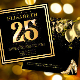 Elegante 25ª invitación de cumpleaños negro de oro