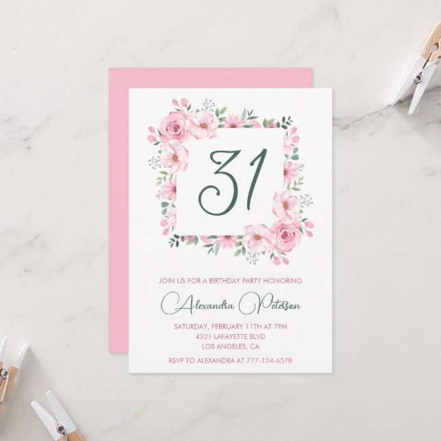 Elegante 31 invitaciones de cumpleaños Floral Pink (Anverso/Reverso In Situ)