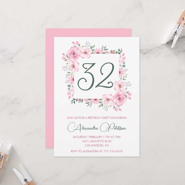 Elegante 32 invitaciones de cumpleaños Floral Pink (Anverso/Reverso In Situ)