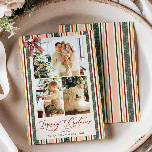 Elegante 3 foto Merry Navidad Vintage Stripe Bow