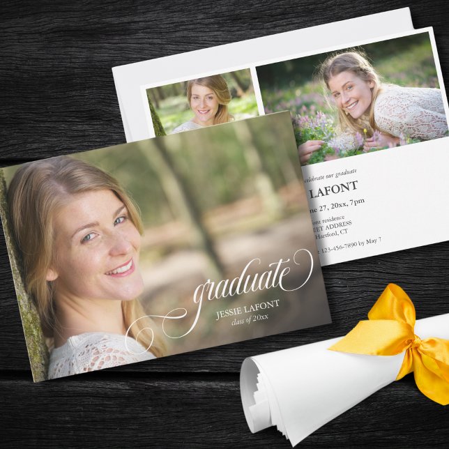 Elegante 3 Invitación a graduación de caligrafía f (custom 3 photo graduation celebration party invitation with elegant script calligraphy)