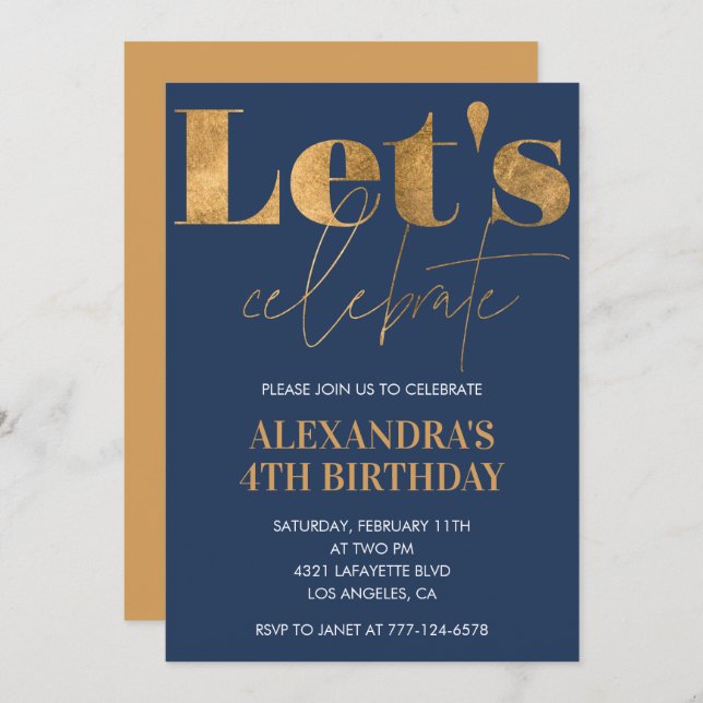 Elegante 4º cumpleaños invitaciones a Navy Gold (Anverso / Reverso)