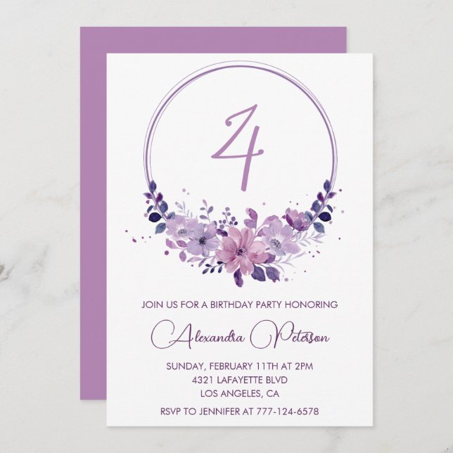 Elegante 4º cumpleaños invitaciones Floral Purple (Anverso / Reverso)