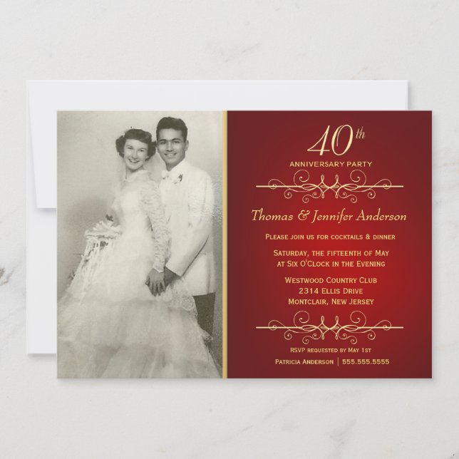 Elegante 40.ª invitación al aniversario del Boda d (Anverso)