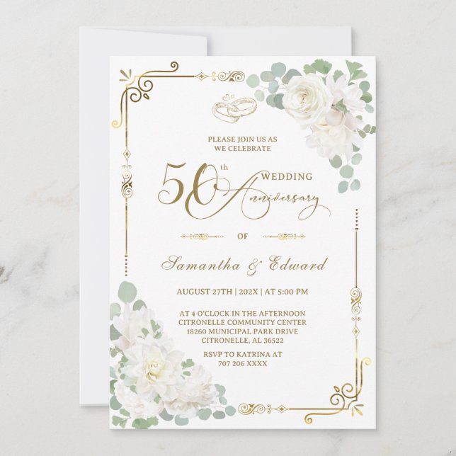 Elegante 50° aniversario Boda Invitación (Anverso)