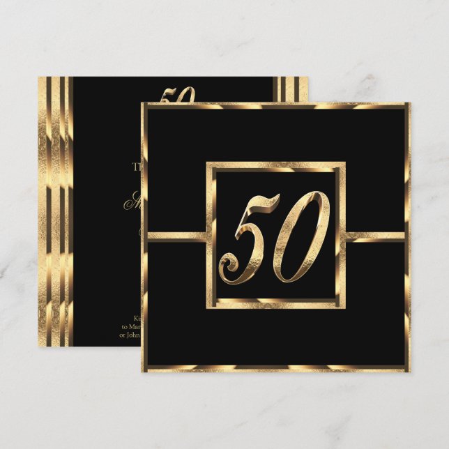 Elegante 50 Aniversario Invitación negro y oro (Anverso / Reverso)