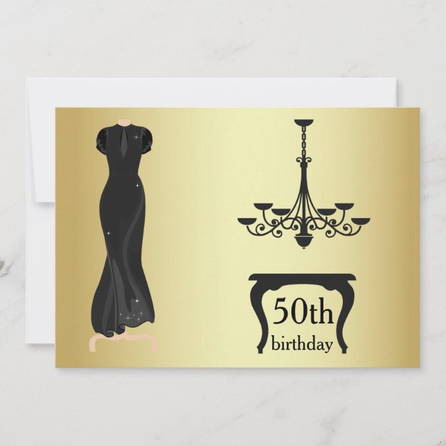 Elegante 50 cumpleaños Invitación dorada y negra (Anverso)