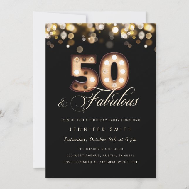 Elegante 50 cumpleaños invitación negro y oro (Anverso)