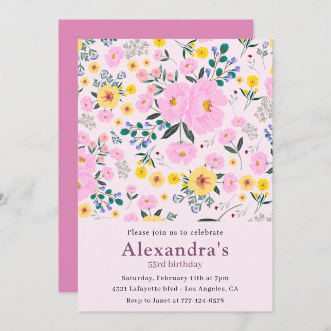 Elegante 53 invitaciones de cumpleaños Moda Floral (Anverso / Reverso)