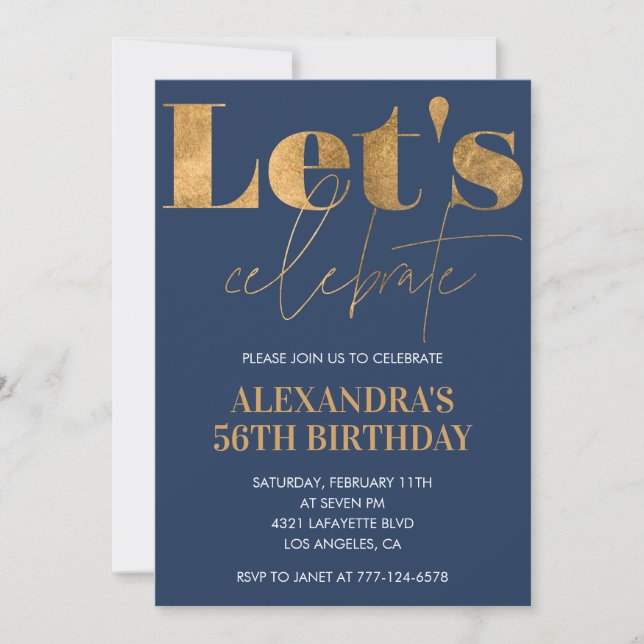 Elegante 56 invitaciones de cumpleaños Navy Blue G (Anverso)