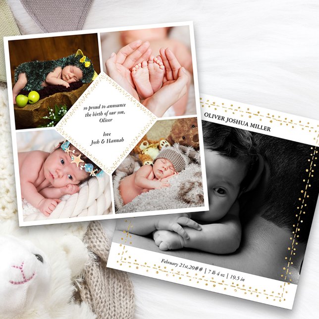 Elegante 5 foto Día de Oro y Anuncio de Nacimiento (5 Photo Baby Birth Announcement. Buy printed or as a printable digital download)