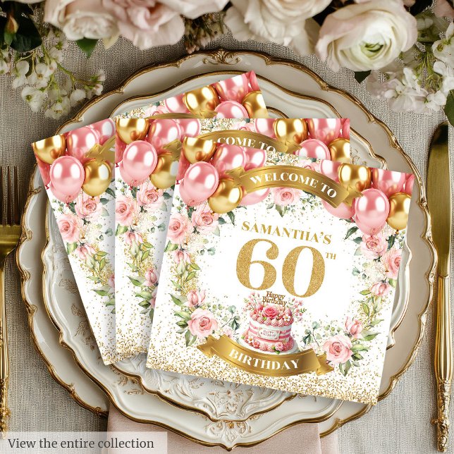 Elegante 60.ª servilleta con Purpurina floral de o (Elegant 60th Napkins with Gold Floral Glitter)