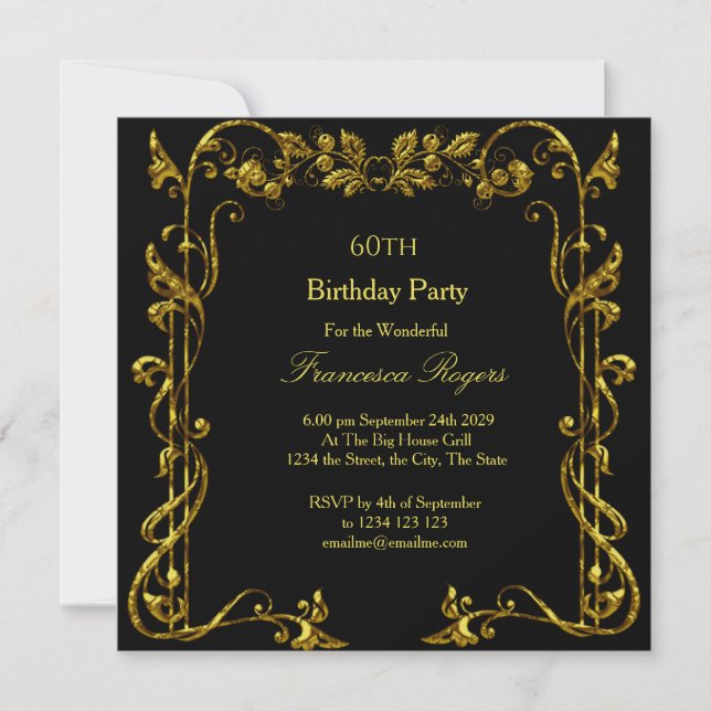 Elegante 60 cumpleaños fiesta de oro invitación ne (Anverso)