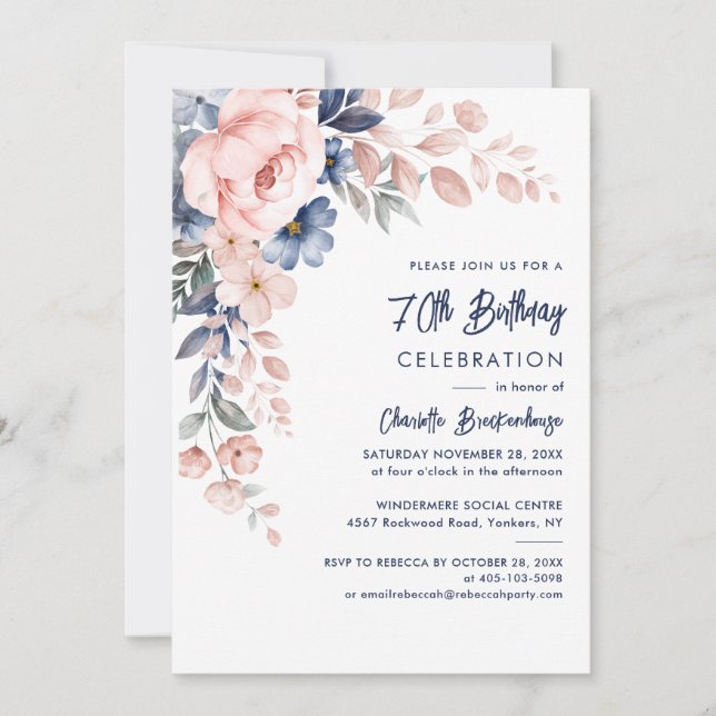 Elegante 70.ª invitación a la fiesta floral rosa (Anverso)